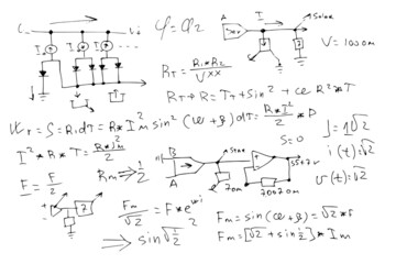radio engineering schemes. electronic formulas and expressions. scientific and educational background. hand-drawn. vector.