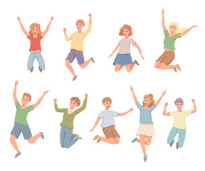 Happy People Character Jumping with Raised Hands Vector Set