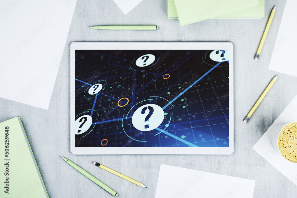 Aufkleber Creative concept of question mark illustration on modern digital tablet screen. FAQ and search concept. Top view. 3D Rendering