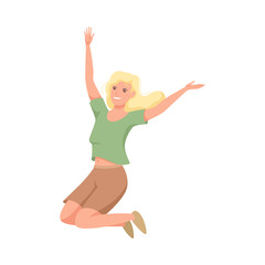 Fototapeta premium Happy Woman Character Jumping with Raised Hands Vector Illustration