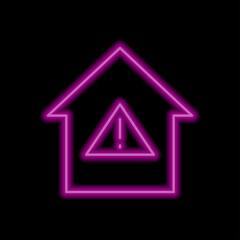 Warning, house simple icon. Flat desing. Purple neon style on black background.ai