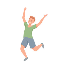 Happy Man Character Jumping with Raised Hands Vector Illustration