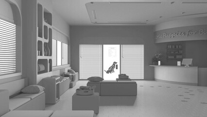 Total white project draft, veterinary hospital waiting room. Sitting room with benches and pillows and reception desk. Bookshelf with pet food and water cooler. Interior design idea