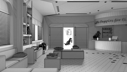 Unfinished project draft, veterinary hospital waiting room. Sitting room with benches and pillows and reception desk. Bookshelf with pet food and water cooler. Interior design concept