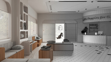 Architect interior designer concept: hand-drawn draft unfinished project that becomes real, veterinary hospital waiting room. Sitting room and reception. Bookshelf with water cooler