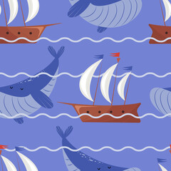 Hand drawn vector seamless pattern with whales and frigate ships in flat cartoon style