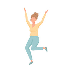 Happy Woman Character Jumping with Raised Hands Vector Illustration