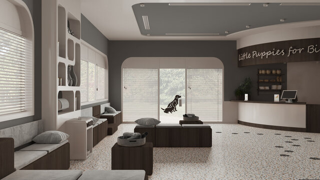 Veterinary hospital waiting room in dark wooden tones. Sitting room with benches and pillows and reception desk. Bookshelf with pet food and water cooler. Interior design concept idea