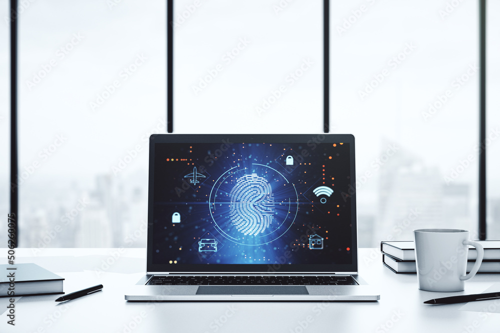 Poster modern computer screen with creative fingerprint hologram, personal biometric data concept. 3d rende