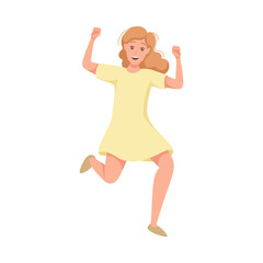 Happy Woman Character Jumping with Raised Hands Vector Illustration
