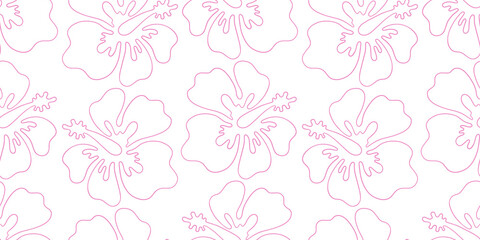 Outline of a hibiscus flower, vector seamless pattern in the style of doodles, hand-drawn - obrazy, fototapety, plakaty