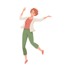 Happy Woman Character Jumping with Raised Hands Vector Illustration