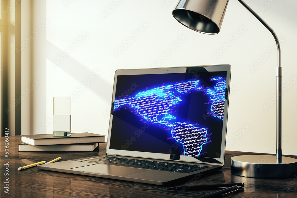 Aufkleber computer monitor with digital america map, global technology concept. 3d rendering