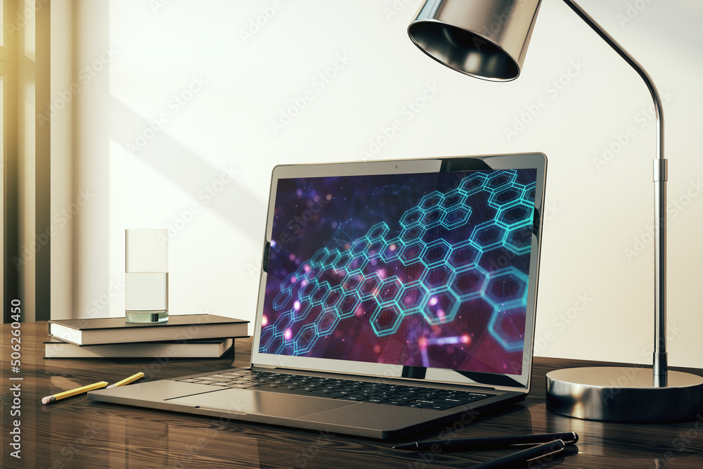 Poster Creative concept of wireless technology with hexagon hologram on modern laptop screen. Big data and database concept. 3D Rendering
