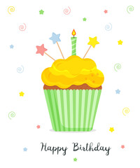 Greeting card with cupcake and candle.	
