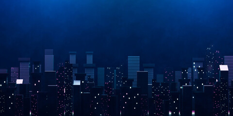 3d rendering cityscape at night illustration. Downtown district or metropolis with row of skyscraper.