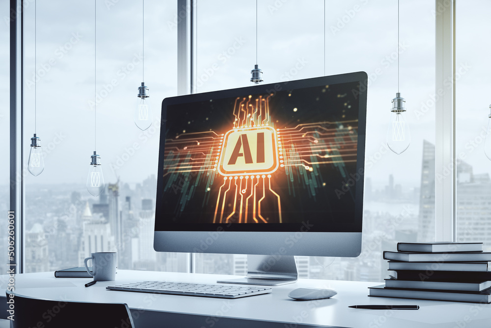 Aufkleber creative artificial intelligence symbol concept on modern laptop screen. 3d rendering