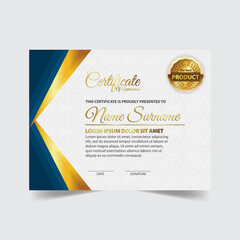 Award template certificate, gold color and gradient. Contains a modern certificate with a gold badge