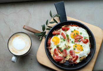 breakfast scrambled eggs and coffee
