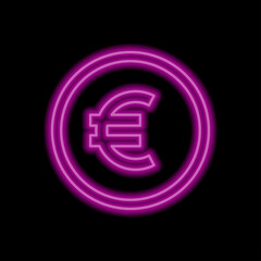 Euro coin simple icon vector. Flat design. Purple neon style on black background.ai