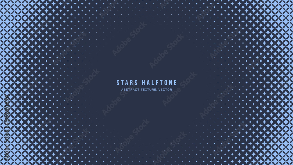 Poster stars halftone geometric pattern vector round frame blue abstract background. checkered faded partic