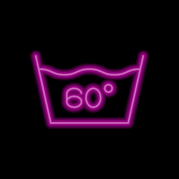 Laundry, 60 degrees simple icon vector. Flat design. Purple neon style on black background.ai