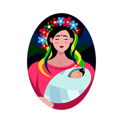 Young beautiful Indian woman with babies in her arms. Girl with a wreath and ribbons and a child. Happy motherhood. Mother's Day element