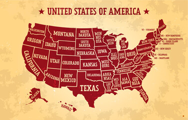 Fototapeta na wymiar Red map of United States of America with borders of the states and names. Vector design.