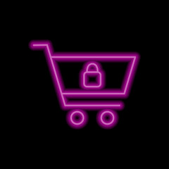 Shopping cart, lock simple icon vector. Flat design. Purple neon style on black background.ai