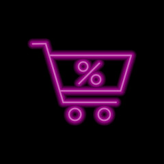 Shopping cart, percent simple icon vector. Flat design. Purple neon style on black background.ai