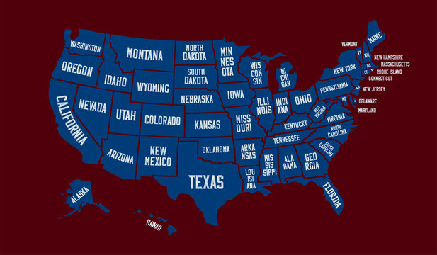 Blue map of United States of America with borders and names, isolated on dark red background. Vector design.