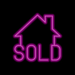 Sold, house simple icon vector. Flat design. Purple neon style on black background.ai