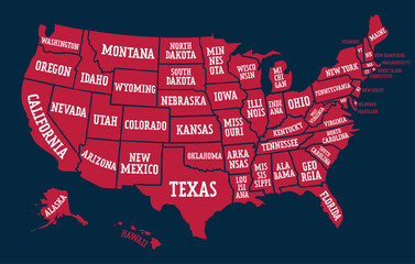 Red map of United States of America with borders and names, isolated on dark blue background. Vector design.