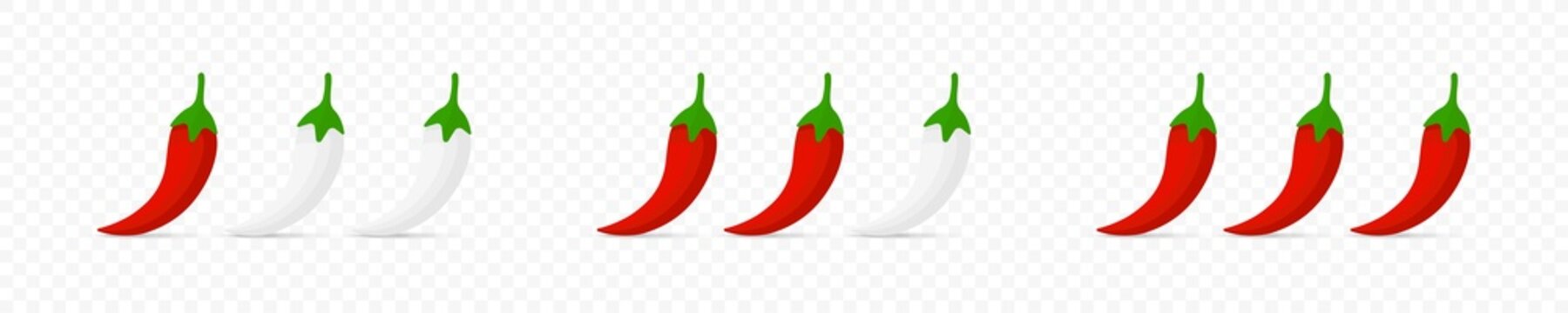 Pepper spiciness level. Pepper spice level. Red chilli pepper icons. Spicy peppers icons set. Isolated vector graphic