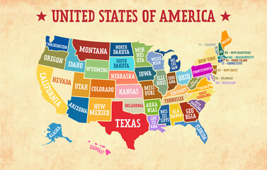 Multicolored map of United States of America with borders of the states and names. Vector design.