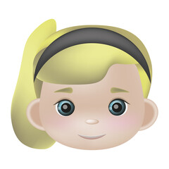 Vector 3d illustration, the head of a girl blue eyes and blond hair,hairstyle ponytail. Avatar, icon for the application. Kawaii smiling cartoon character.Suitable for children's products, books