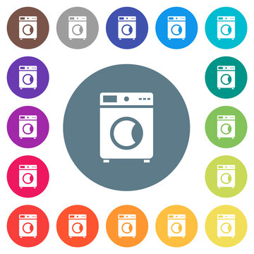 Washing machine flat white icons on round color backgrounds