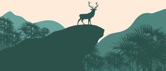 Minimalist landscape with mountains and deer. Noble animals, nature and beauty. Chic view of mountains and nature.