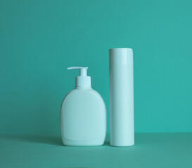 Bottles for cosmetic products without a label. Body care concept.