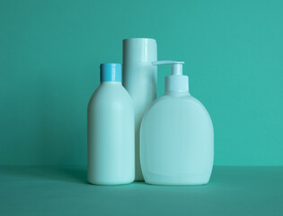 Bottles for cosmetic products without a label. Body care concept.