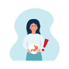 woman with stomach pain. Gastritis, ulcers and cancer of the stomach. Symptoms of acute inflammation. Disease of the digestive tract concept. Vector editable illustration