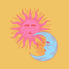 Hand Drawn Sun and Moon with human cartoon faces in engraving style.