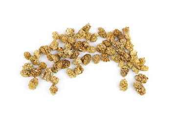Mulberry dry berries morus alba isolated on white