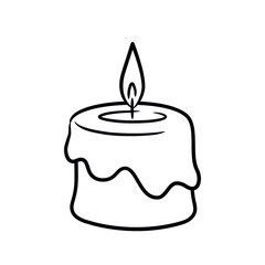 Burning candle with melted wax. Doodle sketch style. Line drawing simple candle with flame. Isolated vector illustration.