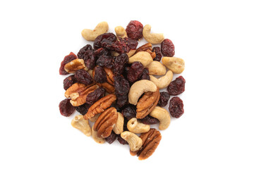 A handful of nuts and raisins, isolated on a white background. Nuts are so called because they all have one characteristic in common: they have less than 50% water.