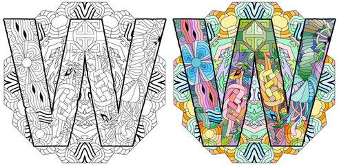 Letter W monogram, engraving design on mandala for coloring. Vector illustration. Color and outline set