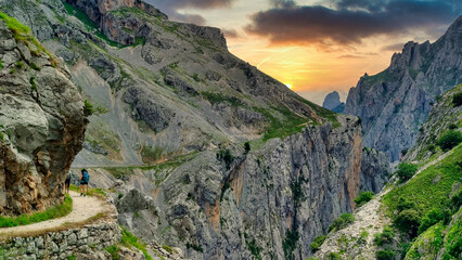 The route of the Cares Canyon, in the Picos de Europa National Park, between Asturias and Leon provinces, Spain - obrazy, fototapety, plakaty
