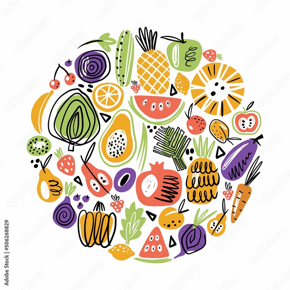 Wall mural vector collection of vegetables and fruits. scandinavian style of hand-drawn food products.