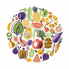 Vector collection of vegetables and fruits. Scandinavian style of hand-drawn food products.