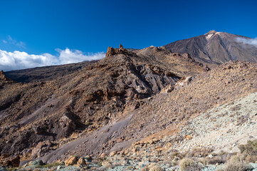Visiting Teide national park on Tenerife and view on volcanic landscapes, Canary islands, Spain